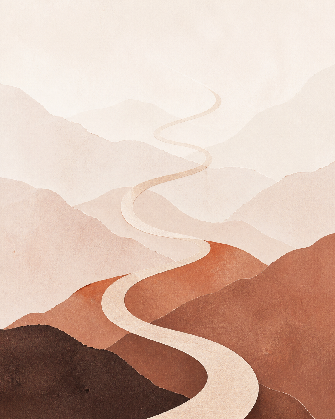 Abstract mountain forms connected by a flowing path